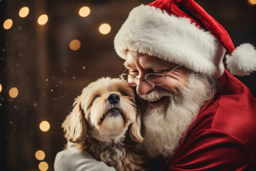 Happy dog posing in a Santa hat with his owner.